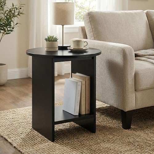 Blisswood Round Side Table, Small Side Table for Living Room, Painted 2 Tier Coffee End Table, Open Storage Shelf, Narrow Bedside Nightstand for Small Spaces, Sofa Corner Table Bedroom Furniture_Black