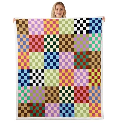 Coperta per bambini con motivo geometrico a quadri colorati, coperta per letto a quadri astratti patchwork per ragazze e ragazzi, coperta moderna chic pelosa a quadri, 101 x 127 cm