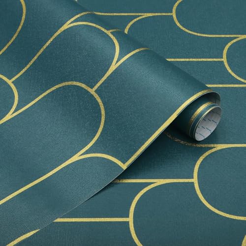 Image of Veki Luxury Floral & Botanical Geometric Wallpaper Mural - Waterproof, Moisture-Proof, Self-Adhesive PVC Wall Sticker for Home & Hotel Decoration (45cm x 300cm) (Green Curve)