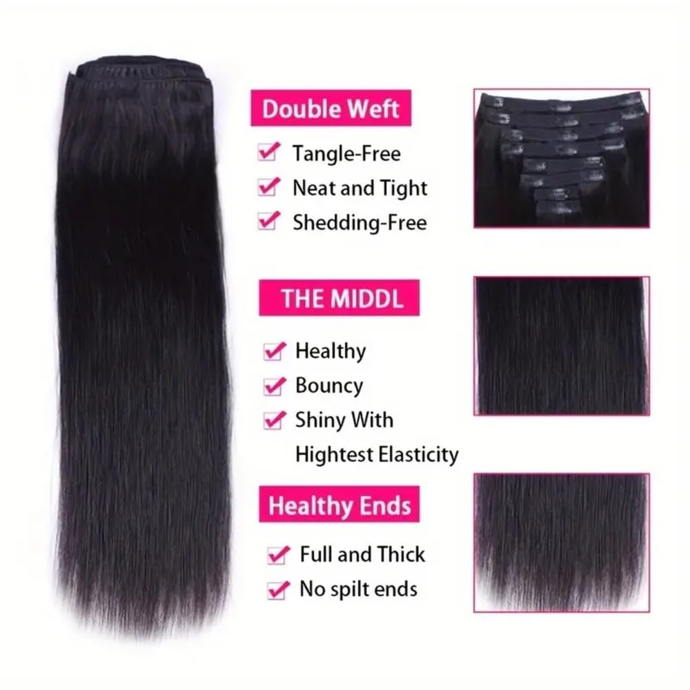 Przedłużanie włosów Doczepy z włosów Clip in 8 szt. Prawdziwe ludzkie włosy doczepiane prostymi włosami dla kobiet Naturalny czarny kolor Brazylijskie Remy 18 spinkami(Natural Black,24inches)