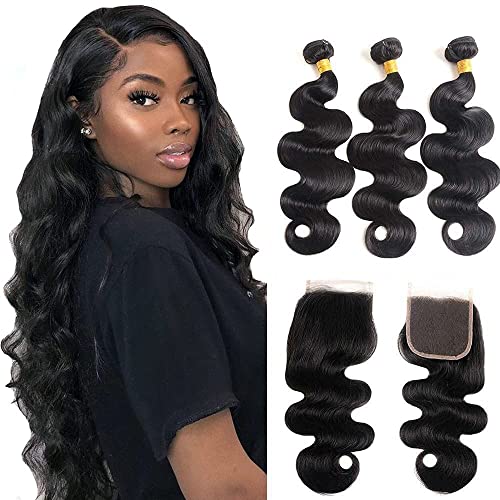 human hair body wave bundles with closure brazilian hair bundles pelo humano natural brasileño cabello virgen brasileño pelo natural humano brasileño de la onda del cuerpo 16 18 20 +14 Cover