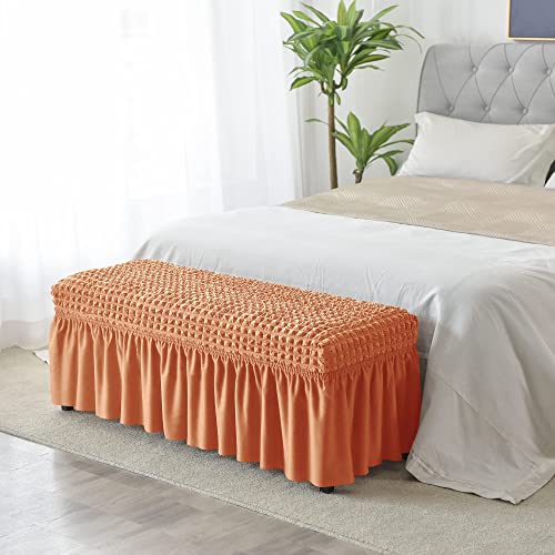 Imonofit 3D Spandex Seersucker Bench Covers For Dining Room, Soft Stretch Upholstered Bench Seat Slipcover For Living Room, Kitchen And Bedroom, Washable Removable Dining Bench Protector，Light Orange #TOP1