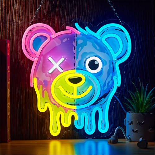 Image of Two-Tone Bear Neon Sign for Wall Decor,Cool LED Dimmable Signs Gifts for Kidsroom Men Cave Game Room Decor, Birthday Party Decoration Gift