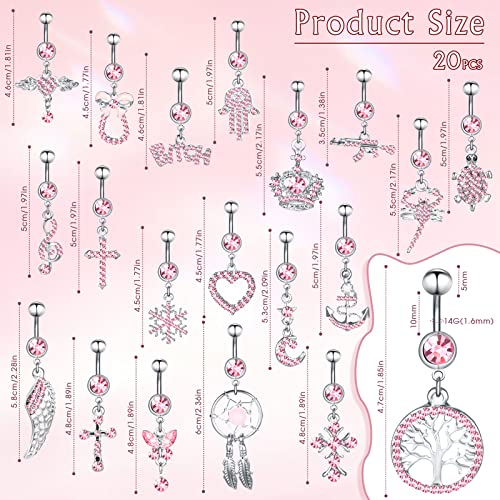Junkin 20 Pcs 14G Dangle Belly Button Ring, Dangling 316L Surgical Steel Navel Rings Cubic Zirconia Belly Piercing Jewelry Women's Body Piercing Barbells, Silver Pink #TOP2