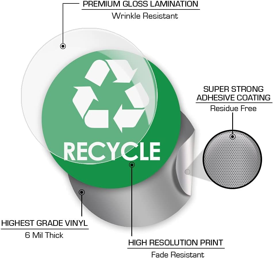Recycle Sticker Trash Bin Label - 4" x 4" - 5 PACK Organize Garbage Waste from Recycling - Great for Metal Aluminum Steel or Plastic Trash Cans - Indoor & Outdoor - Use at Home Kitchen & Office