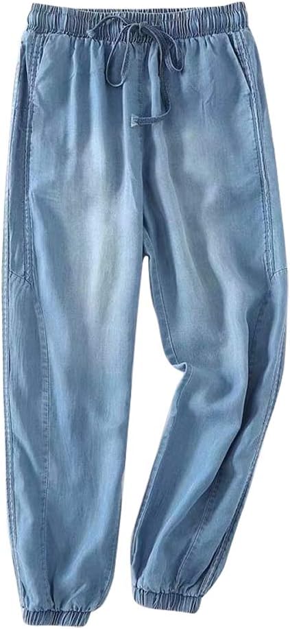 IDEALSANXUN Women’s Elastic Waist Summer Thin Loose Jogger Jeans (Large, Dark Blue)