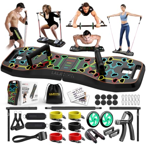 LALAHIGH Portable Home Gym System: Large Compact Push Up Board, Pilates Bar & 20 Fitness Accessories with Resistance Bands Ab Roller Wheel - Full Body Workout for Men and Women, Gift for Boyfriend