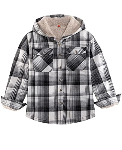ZENTHACE Kids Boys Hooded Flannel Jacket Sherpa Fleece Lined Plaid Flannel Shirt Jacket Button Up Flannel Hoodie BGrey S Size 5-6
