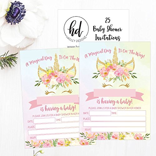 25 Pink Blush Gold Girl Unicorn Baby Shower Invitations, Cute Floral Printed Fill Or Write In The Blank Invite, Flower Shabby Chic Unique Custom Vintage Coed Party Card Stock Paper Supplies Decoration #TOP3