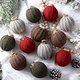 VioraWhite 12 Pcs 2.36 Inch Farmhouse Christmas Ornaments Burgundy Olive Green Crochet Christmas Balls Modern Handmade Woven Knitted Cotton Brown Baubles for Xmas Tree Rustic Holiday Decor