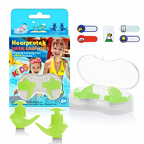 Hearprotek Swimming Ear Plugs, 2 Pairs Waterproof Reusable Silicone Ear Plugs for Swimmers Showering Bathing Surfing and Other Water Sports Kids Size (Green)