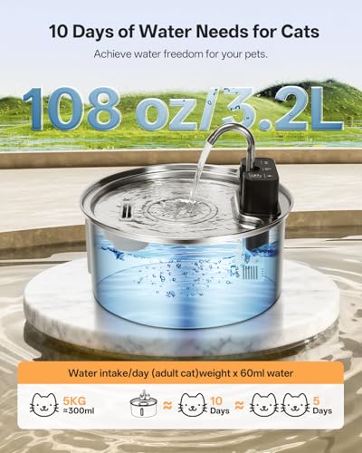 Image of Wireless Cat Fountain - Drinking Fountain for Cats Stainless Steel - Cat Fountain with Motion Sensor and 45 Days Battery - Water Fountain for Cats with Filter and 3.2 Litre Water Tank