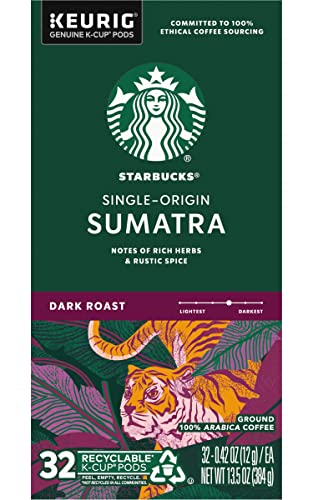 Image of Starbucks Coffee K-Cup Pods, Sumatra Single-Origin Coffee, Dark Roast Ground Coffee, Keurig Genuine K-Cup Pods, 32 Count (Pack of 4)