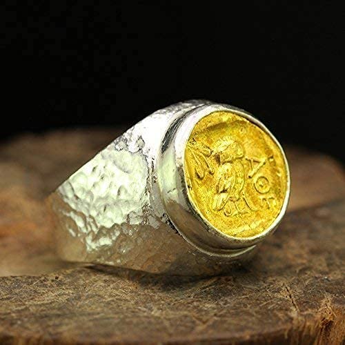 Caprixus Mens Signet Ring 925 Sterling Athens Owl Coin Ring Heavy Weight 24K Gold Vermeil Two Tone Hand Forged Hammered Handmade Ring For Men And Women #TOP3