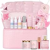 Rose Facial Skin Care Set, 33 Pcs Bath & Body Spa Basket for Women, Beauty Care Kit, Sheet Mask, Makeup Bag, Face Serum, Bath Bomb, Perfume, Christmas, Mother Day, Valentine's, Birthday, Baby Shower