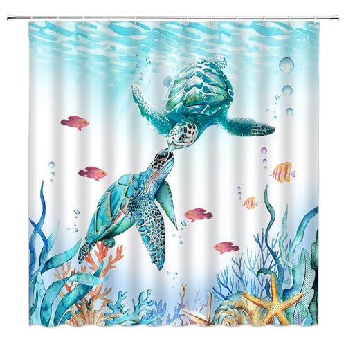 YSATNSFT Sea Turtle Shower Curtain Nautical Coastal Teal Blue Ocean Beach Themed Home Fabric Bathroom Decor Set Include Hooks,(70" WX70 H) by YSATNSFT - Image 2