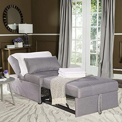 URRED Convertible Chair Sleeper Bed, Folding Ottoman Sleeper Guest Bed 4 in 1 Multi-Function Adjustable Linen Fabric Futon Chair with Lumbar Pillow Gray (Gray)