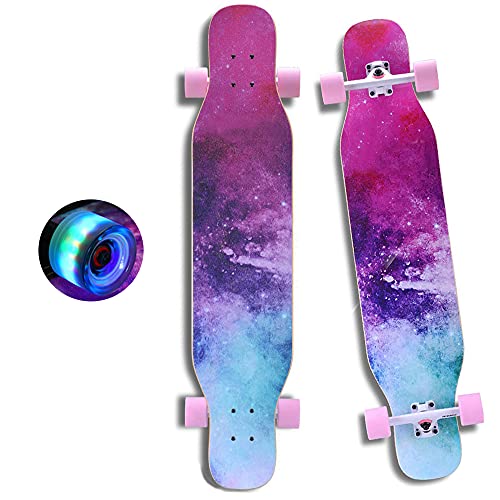 Longboard 43 Pouces, Skateboard Complet avec Roues LED PU et Équipement de Protection, Longboard 7 Étages en Bois D'érable pour Débutants Enfants,...