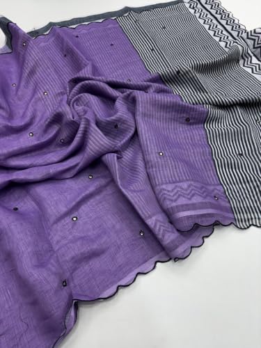 Image of Linen Cotton Saree with Black Mirror Work
