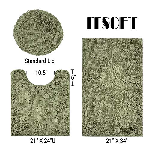 Itsoft 3Pc Non-Slip Shaggy Chenille Bathroom Mat Set, Includes 24 X 21 Inches U-Shaped Contour Toilet Rug, 34 X 21 Inches Bathmat And 1 Toilet Lid Cover, Sage Green #TOP2