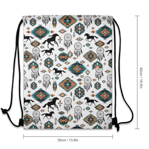 Compact Backpack 13.8x16.5 Inch, Southwestern Aztec Horse Drawstring Bags for Women and Men, Novelty Waterproof String Backpack, Reusable Draw String Bag3