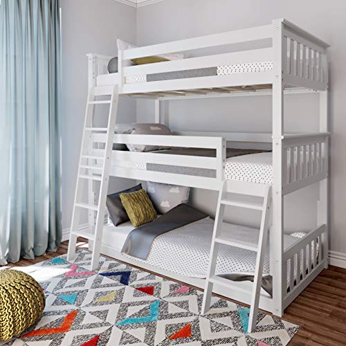 Image of Max & Lily Triple Twin Bunk Bed, Solid Wood Bed Frame For Kids, No Box Spring Needed, Easy Assembly, White