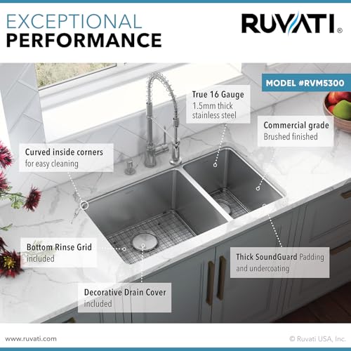 Ruvati-32-inch-Undermount-Kitchen-Sink-7030-Double-Bowl-Kitchen-Sink-16-Gauge-Stainless-Steel-Kitchen-Sink-with-Brushed-Finish-hides-scratches-Easy-to-Clean-Undermount-Sink-RVM5300 Ruvati 32 inch Undermount Kitchen Sink 7030 Double Bowl Kitchen Sink 16 Gauge Stainless Steel Kitchen Sink with Brushed Finish hides scratches Easy to Clean Undermount Sink RVM5300