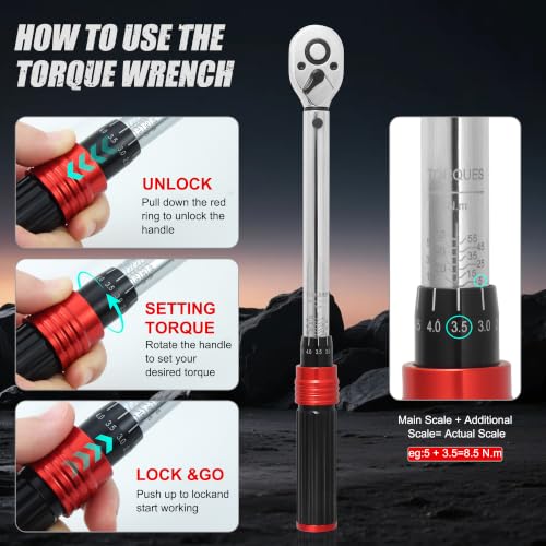 Image of 10PCS Click Torque Wrench Set 1 /4 3 /8 1 /2 Drive 72-Tooth ±3% Accuracy Kit | Torque Range 2-210 Nm Torque Wrenches with Adapters Storage Case for Bike Motorcycle Car Truck Mechanical Repair Maintenance