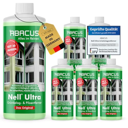 ABACUS® Nell Ultra Grünbelagentferner & Algenentferner Konzentrat, extrem stark! Entfernt Grünbelag & Algen selbsttätig ohne zu Schrubben – für Stein, Fassade, Terrasse, Dach – Nell Ultra 6x 1000 ml