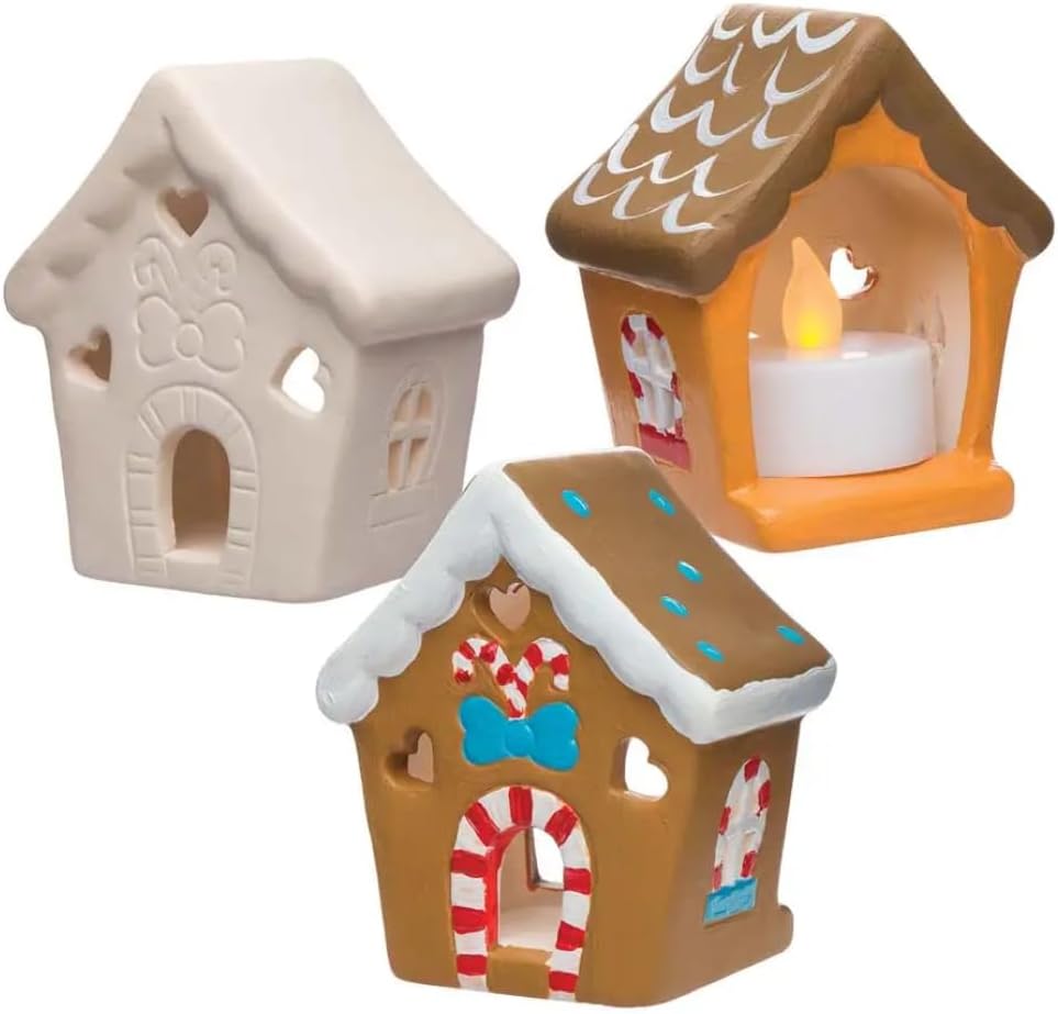 Ceramic Gingerbread House Tea Light Holders for Kids - Christmas Crafts and Decorations (Pack of 3), Brown, White, Cream