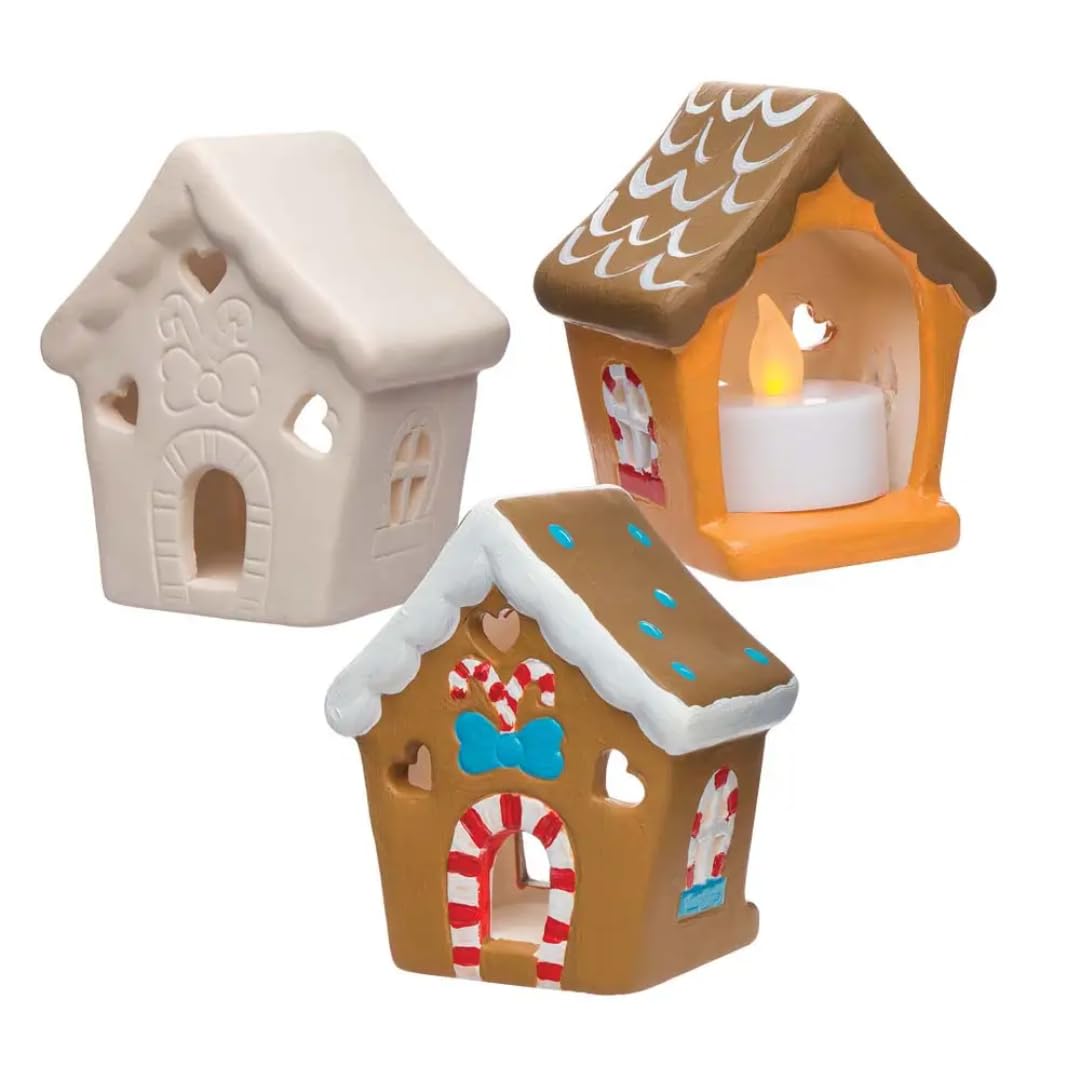 Ceramic Gingerbread House Tea Light Holders for Kids - Christmas Crafts and Decorations (Pack of 3), Brown, White, Cream