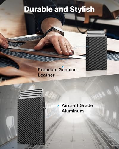 Image of typecase Mens Wallet Card Holder: Pop Up Aluminum Case, Genuine Leather, Smart, RFID Blocking, Slim, Minimalist, Front Pocket - 9-14 Card Capacity | ID Window | Cash Slot (Carbon Fiber Navy)