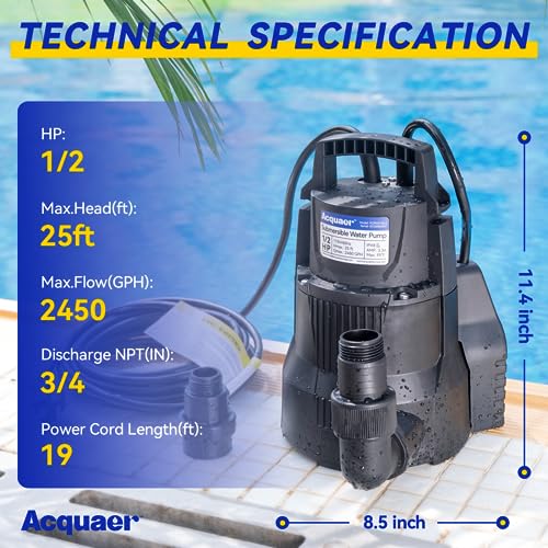 Image of Acquaer 1 /2 HP Automatic Sump Pump, 2450 GPH Submersible Water Pump