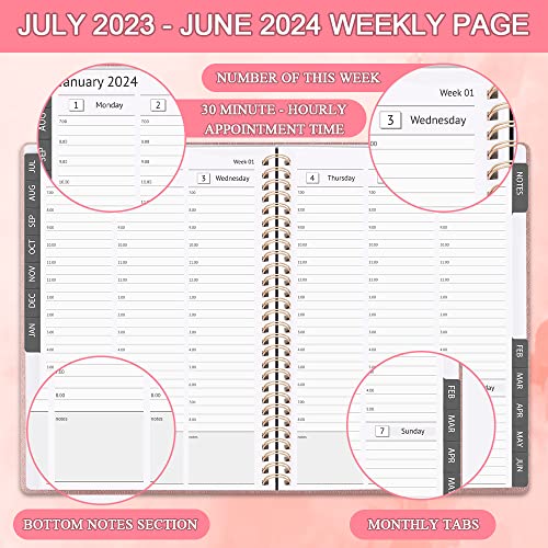 2023 2024 Academic Planner - Weekly And Monthly Planner With Pu Leather Hardcover, Coated Month Tabs, Inner Pocket And Elastic Closure Band, 6"X8.5", Rose Gold #TOP3