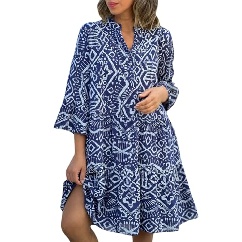FUPODD Tunika Kleid Damen Sommer Kurz Sommerkleid Knielang Musselin Blusenkleid Elegant Dreiviertelarm Volant Sommerkleider Leicht Luftig Kleider V Ausschnitt Mit Knopfleiste Volantkleider Muster