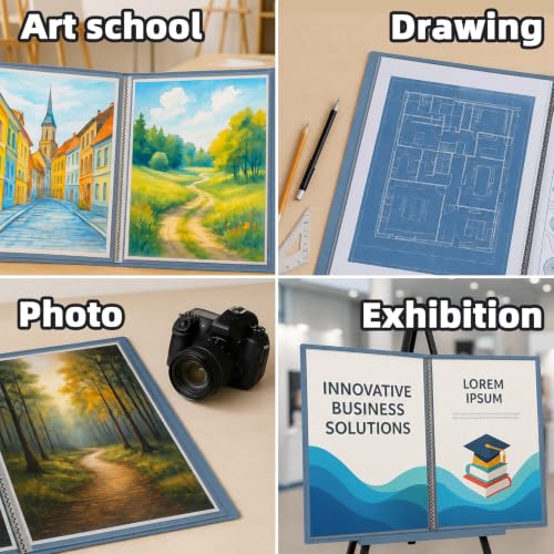 Image of 18x24 Blue Art Portfolio Folder Displaying 48 Pages With Plastic Sleeves | 24-Pocket Presentation Book Binder For Artwork Storage Featuring Dark Inner Paper Inserts Protective Document Archival Holder