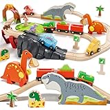 Lehoo Castle Holzeisenbahn, Holz Eisenbahn Kinder, Dinosaurier Spielzeug Holzeisenbahn Schienen, Dino Zug, Kompatibel mit Brio, Thomas