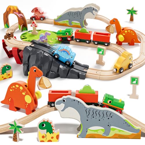 Lehoo Castle Holzeisenbahn, Holz Eisenbahn Kinder, Dinosaurier Spielzeug Holzeisenbahn Schienen, Dino Zug, Kompatibel mit Brio, Thomas