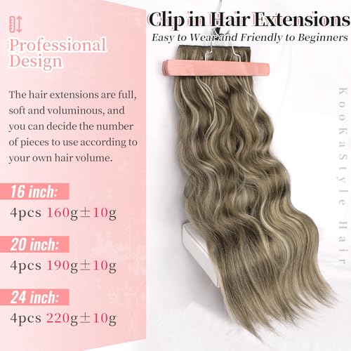 Image of KooKaStyle Wavy Thick Clip in Hair Extensions 20 inch Medium Brown Ash Blonde | 4 Pieces Clip in Extensions,Fiber Double Weft Hairpieces,Natural Volume,Highlight Wave Long Synthetic Hairpieces for Women
