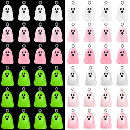 Augshy 64Pcs Luminous Halloween Pink Resin Ghost Charms for Jewelry Making