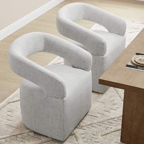 Image of KISLOT Upholstered Dining Chairs Set of 2, Modern Rolling Dining Chairs with Hidden Casters, Arm Kitchen Chairs with Linen Look Fabric, Padded Barrel Chairs for Dining Room, Kitchen, Light Gray
