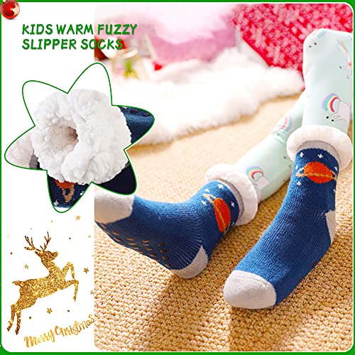 Kids Boys Girls Slipper Socks Warm Thick Fuzzy Fleece Lined Winter Cartoon Thermal Anti-Slip Soft Children's Home Floor Socks (Dark Blue, 5-8 Years) #TOP2