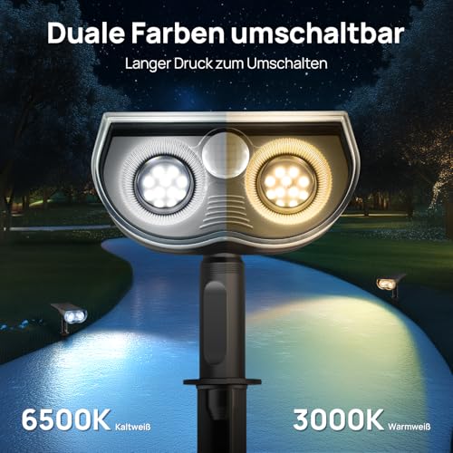Linkind Dual-farbige Solar Außenlampe mit Bewegungsmelder 3000K & 6500K, 1000Lm Außen Gartenleuchte mit Dauerlicht-Modus, IP67 wetterfest Solar Strahler 8M/120°, Warm&Weiß 2 Stück