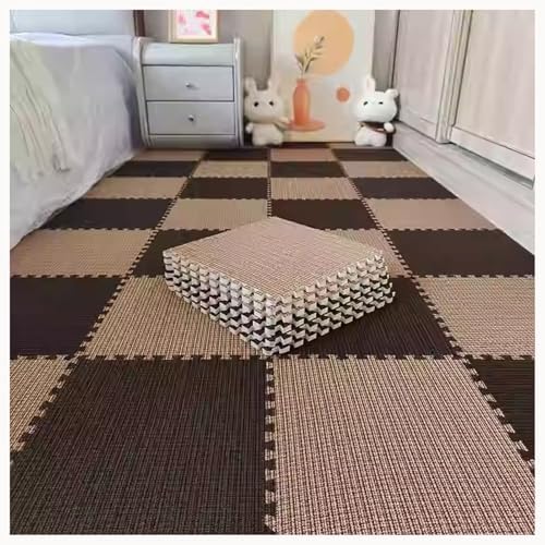 AHTCPO 60 X 60cm Cotton Linen Puzzle Foam Floor Mat, Set Foam Floor Mat with Border, for Home Playroom Yoga or Gym(Black+Dark Brown,6p)