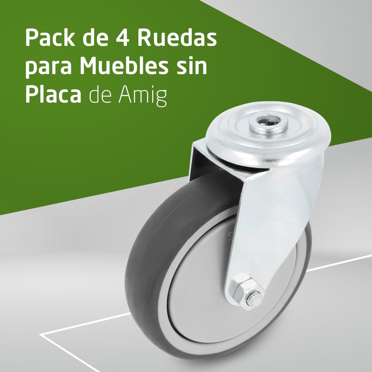 Amig- Pack de 4 Ruedas para Muebles - Con Agujero- Ø100 mm - Carga Máxima por rueda 110 kg- Pletina de Acero- Fabricada con Goma- Sin Freno- Ideales para Mover Equipos Industriales y Muebles Pesados