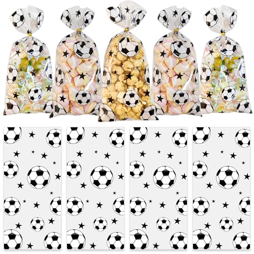 Lhocm 200 bolsas de golosinas de fútbol, bolsas de dulces de fútbol, bolsas de fútbol para aperitivos, bolsa de recuerdos de fiesta de fútbol, bolsas de celofán de fútbol con lazos plateados para