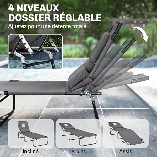 Chaise longue pliable 3 coussins + trou visage Outsunny