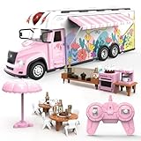 Losbenco Remote Control Car for 4 5 6 Year Girls Birthday Xmas Gifts, Pink RC Camping Car Toys for Kids with Light & Sound, Remote Control Food Truck, Creative Camper Toys with Mini Furnitures