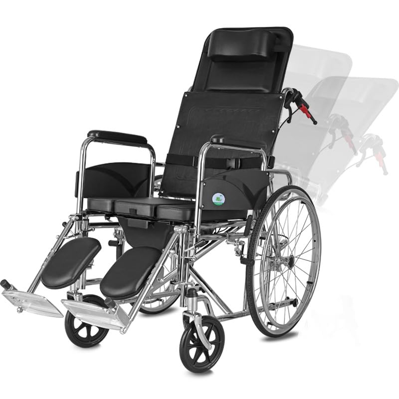 LuusMm Lightweight Manual Self-Propelled Wheelchair, Multipurpose Bedside Commode Chair, Shower Wheelchair with Dining Board and High Back Transport Chair with Adjustable Back and Legs