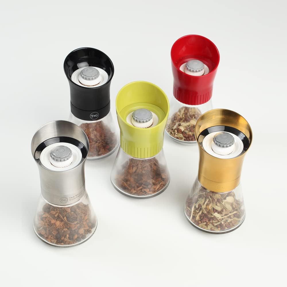 T&G CrushGrind Spice Mill with Removable Glass Base, 12.5 cm, Black, Whole Dried Herbs Spices Seeds Chilli Flakes/Fully Adjustable Ceramic Manual Grinder
